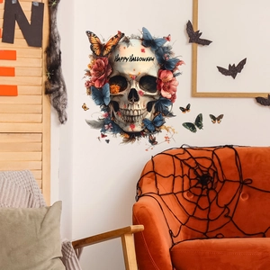Adesivo murale di Halloween con teschio, farfalle e decorazione per soggiorno festivo