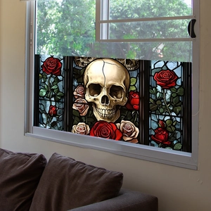 Stained glass style window sticker with skull and red roses for home decor