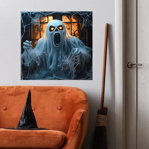 Halloween scary ghost wall sticker with glowing orange eyes and cobwebs for home decor