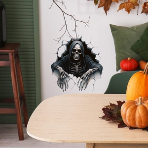 3D Halloween wall sticker featuring a grim reaper skeleton breaking through a white wall