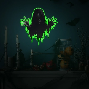 Luminous Halloween wall sticker featuring a spooky female ghost with glowing red eyes