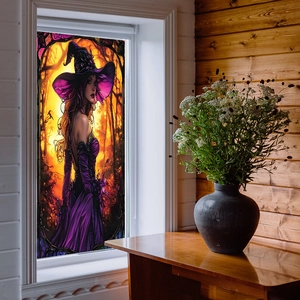 Gothic purple witch window film decal with orange sunset forest silhouette decor