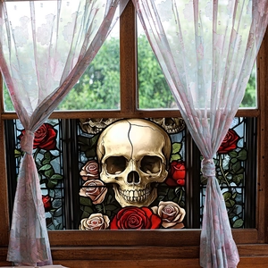 Gothic skull and red roses static window sticker with vintage stained glass texture