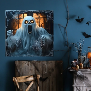 Halloween scary zombie window wall sticker with glowing ghost and spooky spider webs decor