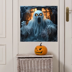 Creepy Halloween ghost wall sticker showing a blue zombie spirit tearing spider webs on a door