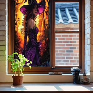 Colorful stained glass witch window film sticker on wooden frame in cozy home decor