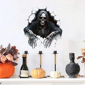 3D Halloween wall decal featuring a Grim Reaper skull breaking through a white wall
