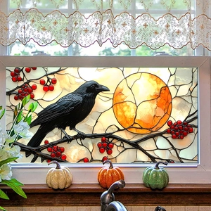 Halloween stained glass window film featuring a raven on a branch with a full moon