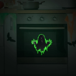 Luminous Halloween wall sticker featuring a spooky female ghost with green glowing edges