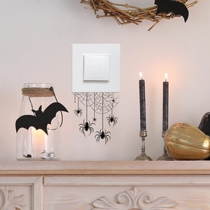 Halloween spider web light switch wall decal with spiders on white square panel