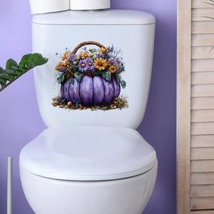 Adesivo per Gabinetto Halloween Cesto di Fiori Zucca Viola Autunno Raccolto Girasole Impermeabile PVC Decalcomania Parete Bagno