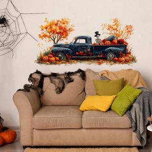 Halloween wall sticker featuring a vintage blue pickup truck with pumpkins and skeletons