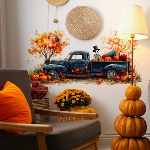 Halloween wall sticker with vintage blue truck, maple trees, and pumpkins for home decor