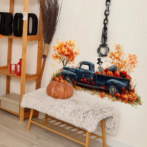 Halloween wall sticker featuring a vintage blue truck, pumpkins, and a skeleton on a white wall