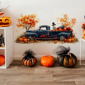 Halloween wall sticker with blue vintage pickup truck, pumpkins, and autumn maple trees