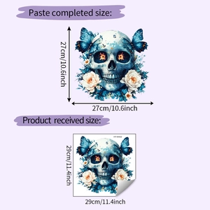 Detail showing 27x27cm dimensions for skull and flower decal with watercolor finish