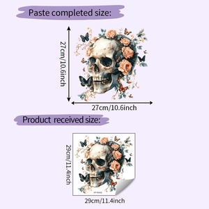 Detail of floral skull wall sticker showing installation layout and actual product size