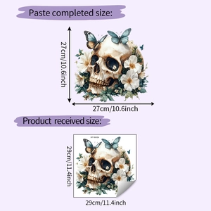 Detailed size guide for skull flower wall sticker showing 29x29cm and 27x27cm dimensions