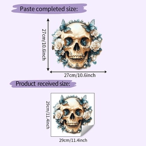 Detailed sizing guide showing Halloween floral skull wall sticker dimensions and layout