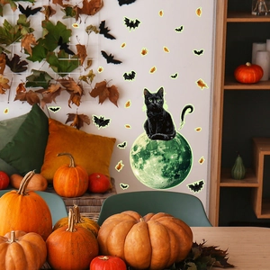 Luminous Halloween wall decal set featuring a glow-in-the-dark moon, black cat, and bats