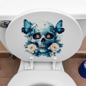 Detail of floral skull toilet sticker with blue butterflies and yellow flowers