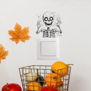 Halloween lächelndes Skelett Lichtschalter Aufkleber mit Kürbissen und Herbstblättern