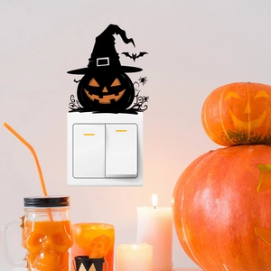 Halloween witch hat pumpkin switch wall sticker with bats and spiders home decor silhouette