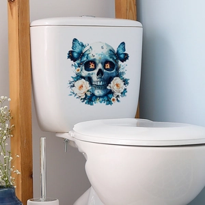 Detail view of floral skull toilet sticker with blue roses and butterflies on tank
