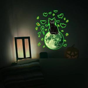 Luminous Halloween wall stickers set with glowing moon, black cat, and bats decor