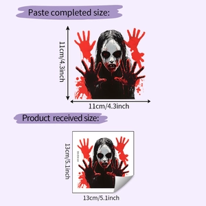 Detail of Halloween bloody ghost hand sticker showing actual and applied product sizes