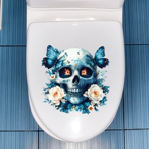 Close-up of floral skull and butterfly self-adhesive toilet sticker for bathroom decor