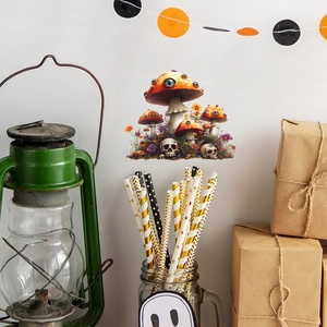 Gothic Halloween wall stickers featuring eye-mushroom and skull in a spooky home setting
