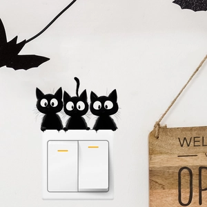 Halloween Cute Black Cat Switch Stickers Removable PVC Wall Decals For Home Decor Cartoon Cat Silhouette Wall Art Stickers