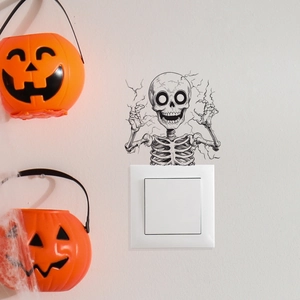 Halloween lächelndes Skelett Wandtattoo für Lichtschalter Deko mit Kürbis-Eimer