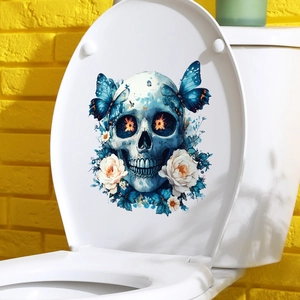 Floral skull and blue butterfly toilet seat sticker on a white background with yellow wall