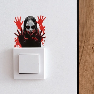 Creepy ghost girl wall sticker with bloody handprints for Halloween switch decor