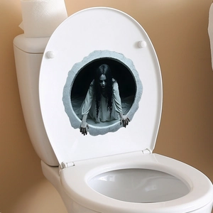 3D scary ghost woman crawling through wall hole bathroom toilet seat sticker decoration