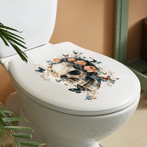 Floral skull toilet sticker with vintage roses and colorful butterflies home decoration