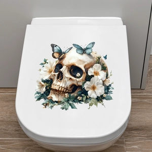 Halloween toilet lid sticker featuring a vintage floral skull and blue butterflies