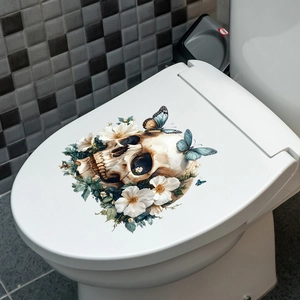 Detail of waterproof toilet sticker with skull, white flowers and blue butterflies