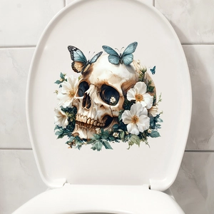 Detail of toilet lid sticker with floral skull and butterfly art for home decor
