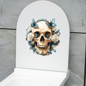 Detail view of floral skull toilet sticker with white roses and blue butterflies on lid