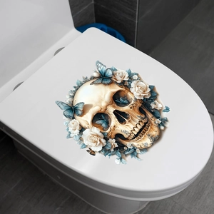 Skeleton skull and blue butterflies flower sticker for bathroom toilet seat cover decor