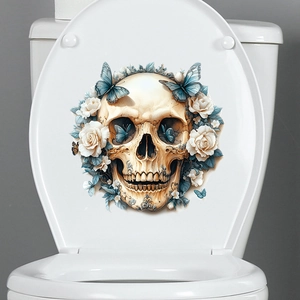 Floral skull and butterfly decorative self-adhesive sticker for white toilet lids