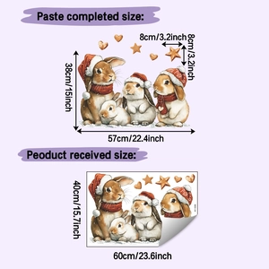 Vue détaillée des stickers muraux de Noël lapin avec étoiles, cœurs et dimensions