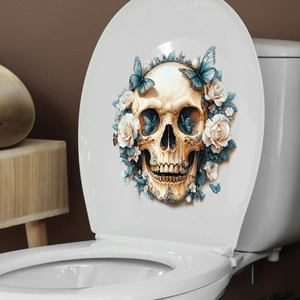 Detail of floral skull and blue butterflies self-adhesive wall sticker on toilet lid
