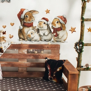 Stickers Muraux Lapin De Noël En PVC Amovibles Animaux Dessins Animés Étoiles Cœurs Pour Décoration De Maison