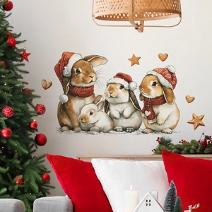 Autocollants muraux lapins de Noël mignons avec étoiles et cœurs pour décoration de fête