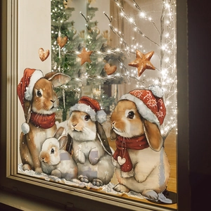 Stickers de Noël pour fenêtres avec lapins mignons portant des bonnets de Père Noël