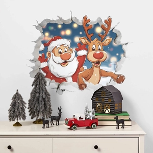 3D Christmas wall sticker with Santa and reindeer breaking through a white wall